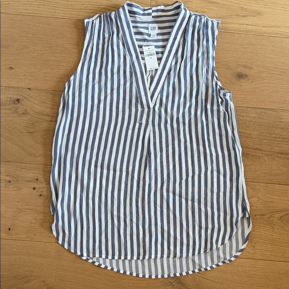 GAP Sleeveless V-Neck Striped Tank in White and Blue